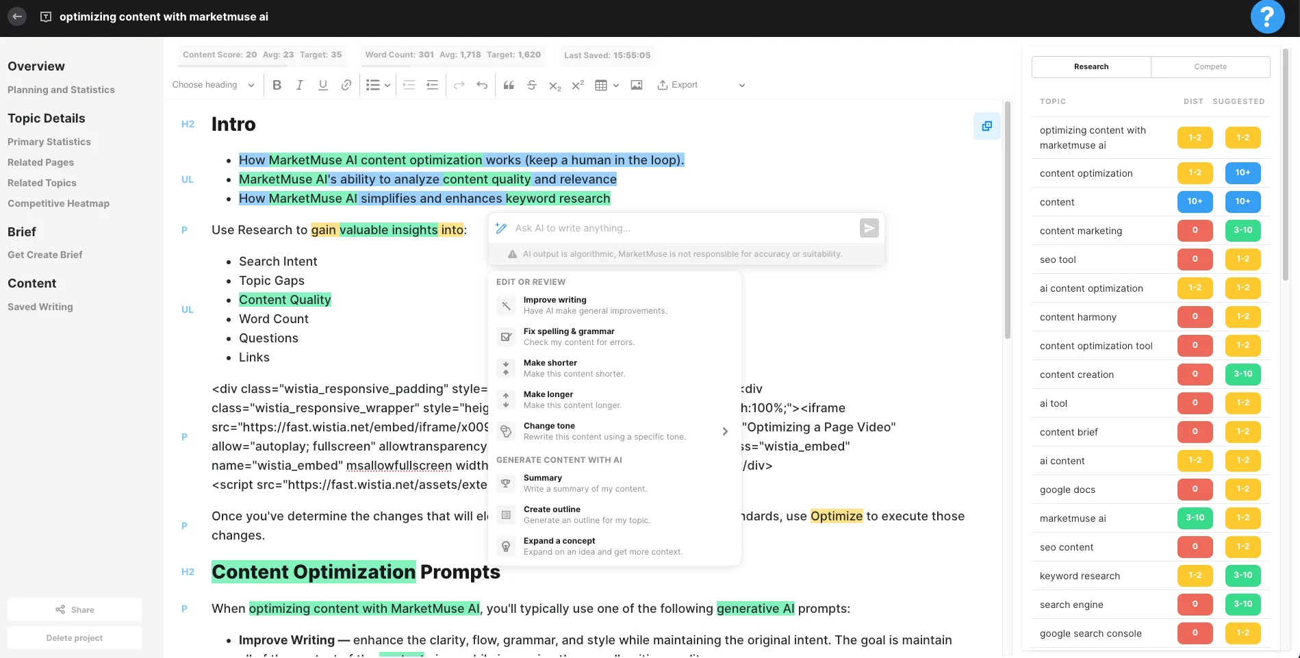 MarketMuse content planning dashboard