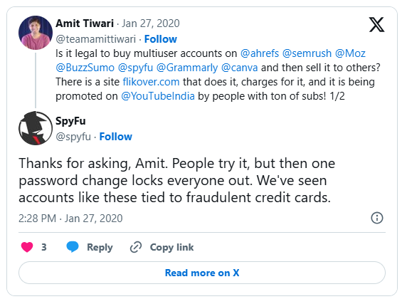 SpyFu statement regarding Group Buy SEO Tools and account sharing