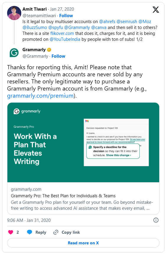 Grammarly warning about unauthorized Group Buy SEO Tools services
