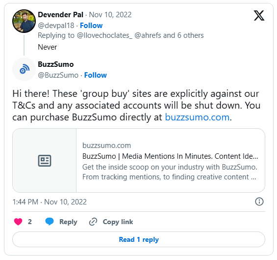 BuzzSumo official response about Group Buy SEO Tools violations