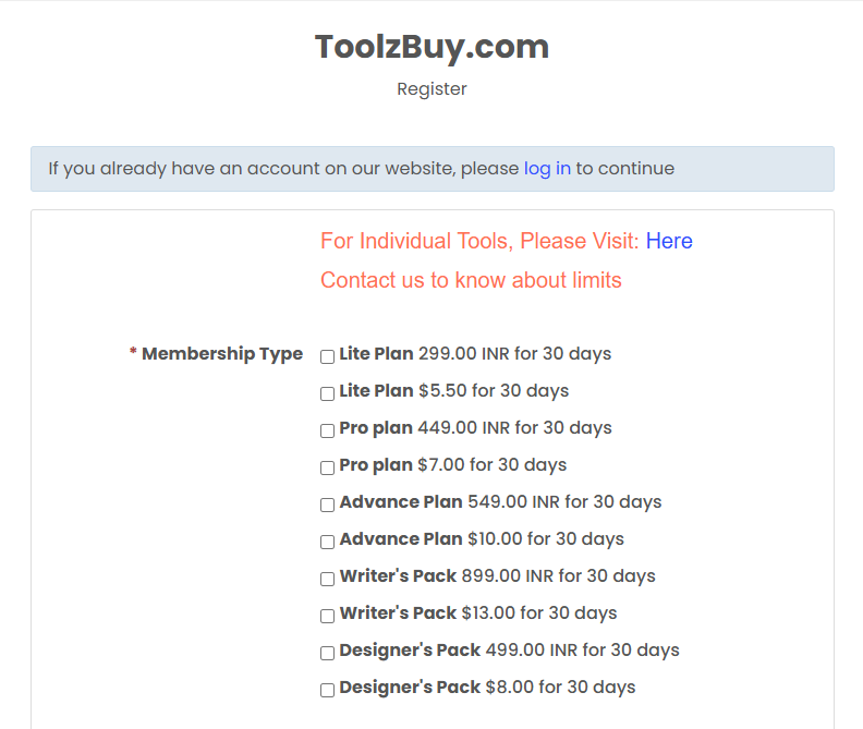 Group Buy SEO Tools - Toolzbuy.com dashboard with pricing options