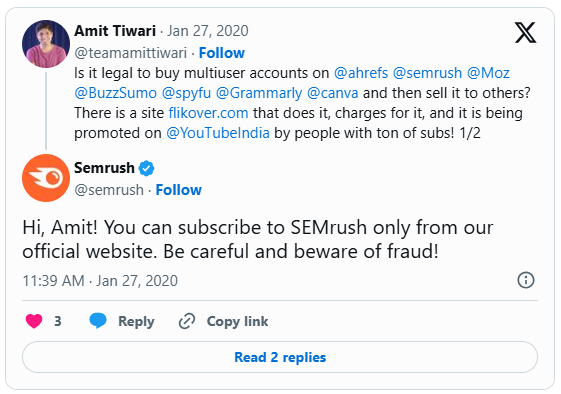 SEMrush warning about unauthorized Group Buy SEO Tools access