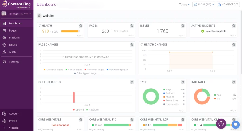 ContentKing dashboard - powerful seo tools cheap option for real-time SEO monitoring and alerts