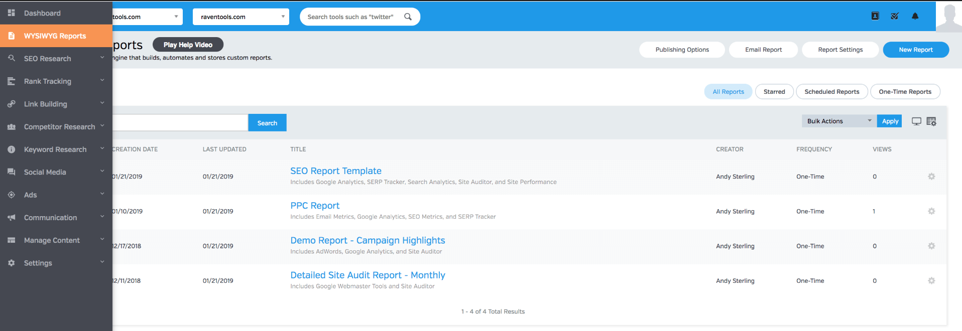 Raven Tools reporting interface - streamlined seo tools cheap solution for comprehensive reporting