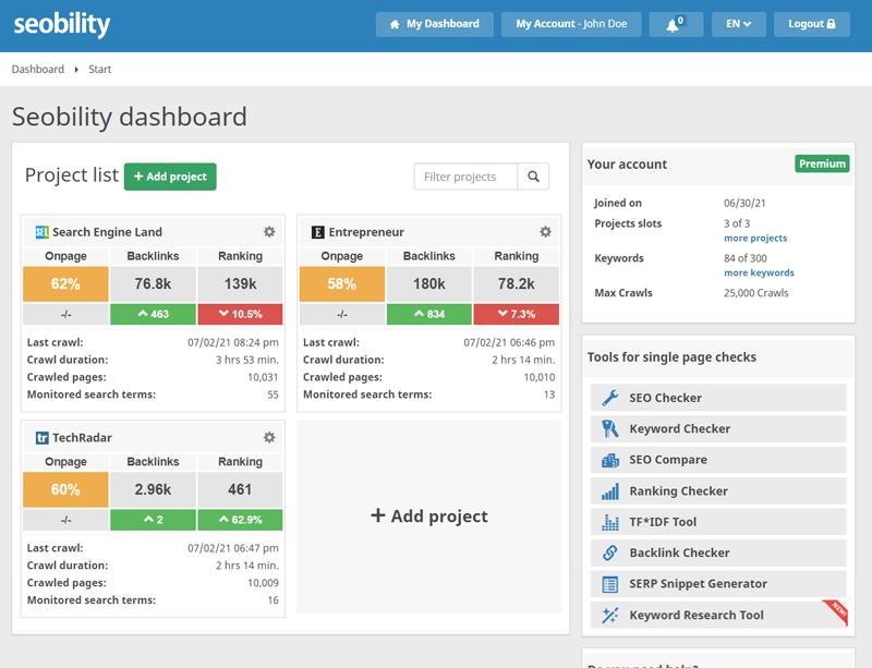 Seobility dashboard - accessible seo tools cheap alternative for comprehensive technical SEO analysis